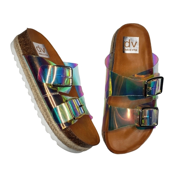 dv by Dolce Vita | Curry Iridescent Clear Acrylic Open Toe Slides Women's 6 - Picture 2 of 11